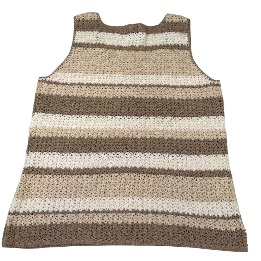 Rafaella Medium Brown White Striped Crochet Knit Tank Top Coastal Boho Summer - Picture 2 of 6
